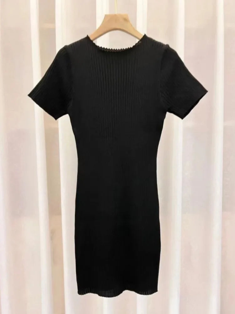 Korean Sweet Woman Dress 2024 Vestidos De Mujer Short Sleeve O-neck Tunic Solid Robe Femme Fashion Knitted Bodycon Mini Dresses