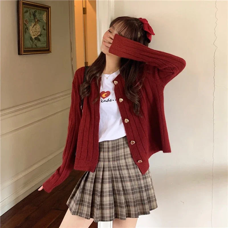 Kawaii Woman Sweaters Knitted Cardigan 2020 Winter Korean Fashion Cute Heart Buttons Long Sleeve Burgundy Red White Sweater Tops