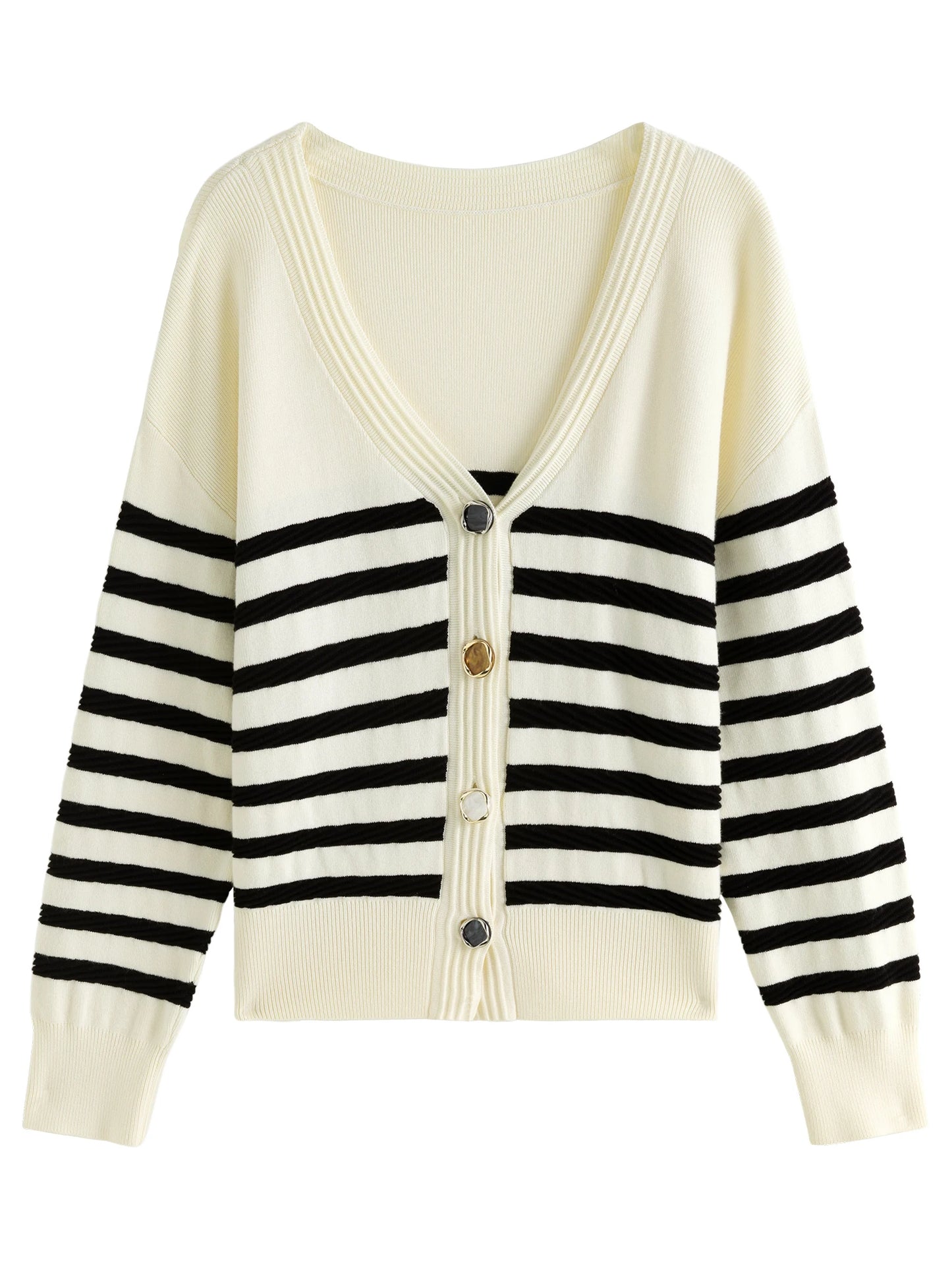 DUSHU Plus Size Two Color Collision Striped Knitted Cardigan For Women 2024 Winter New Design V-neck Casual Chic Coat 24DS84110