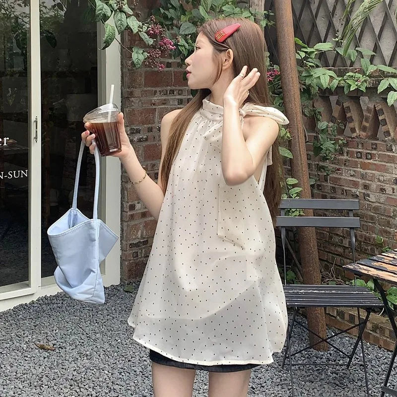Bow Halter Lace Up Blouses Women Polka Dot Korean Tender Princess Style Sleeveless Tops Summer New Design Students Sweet Girls