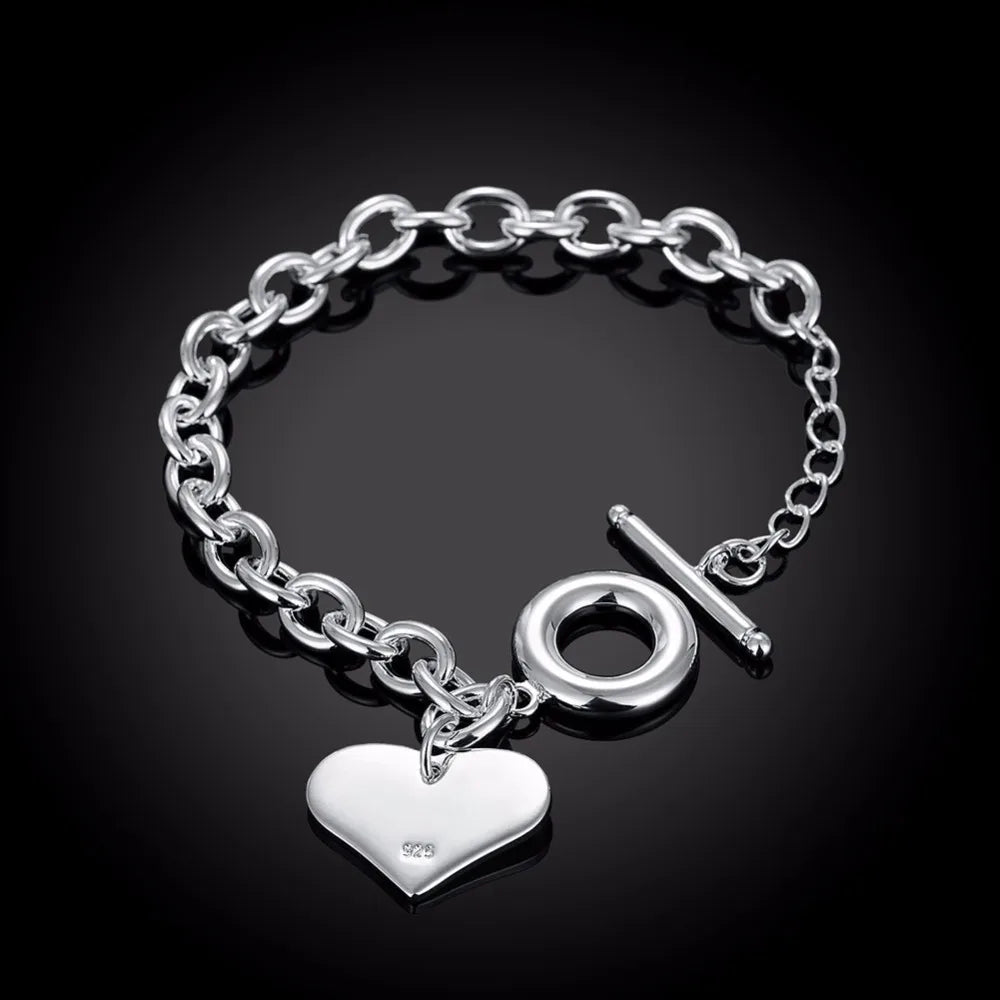 Hot Sale 925 Sterling Silver Lucky Bracelets Cuff Fashion Love Heart Chain Bangle Women Ladies Girls Jewelry Gift Christmas