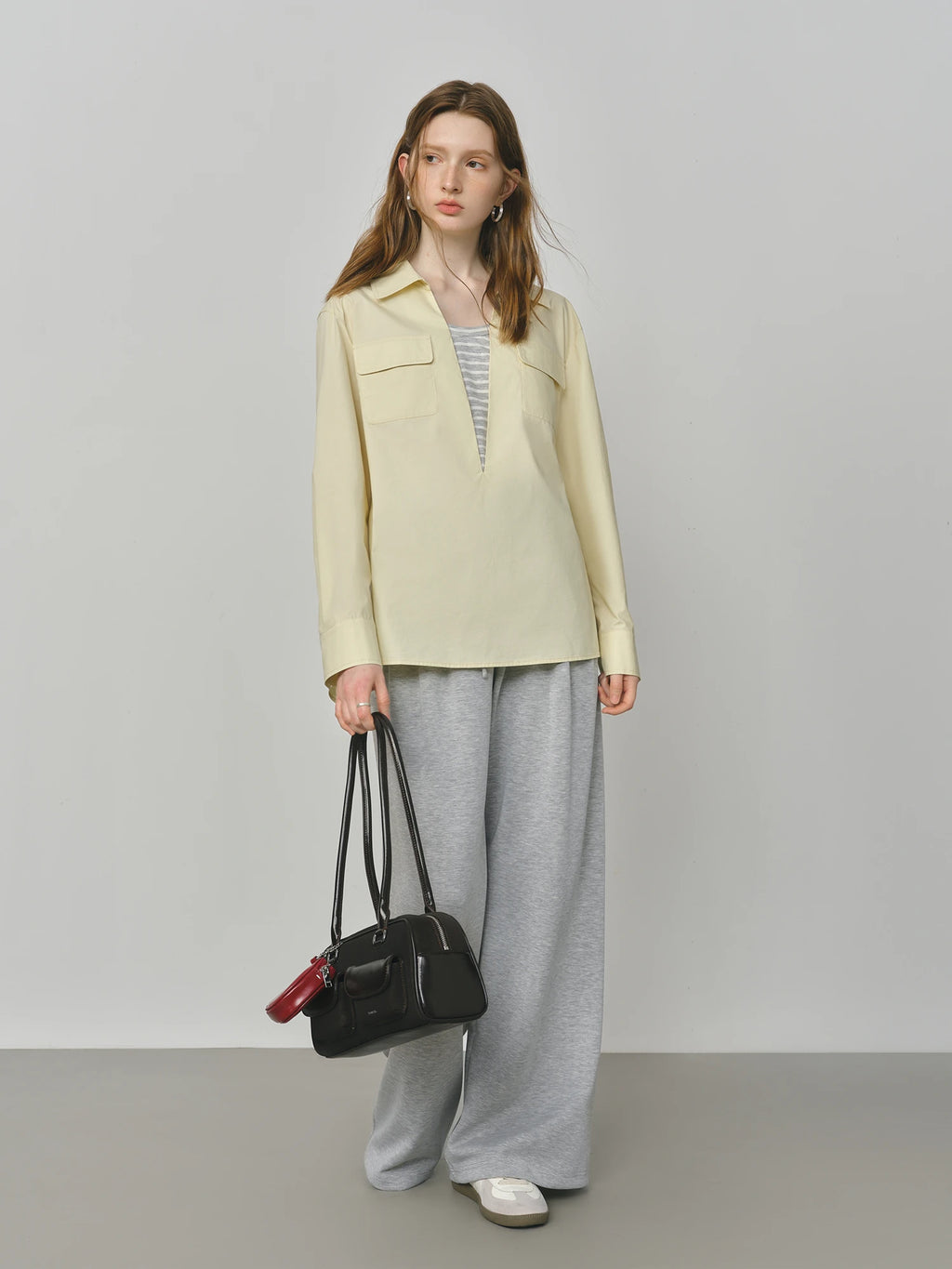 FSLE 2025 Women's Color Block False Two-Piece Shirt - Pullover Office Casual Blouse Autumn Loose Fit Top with Layered Design