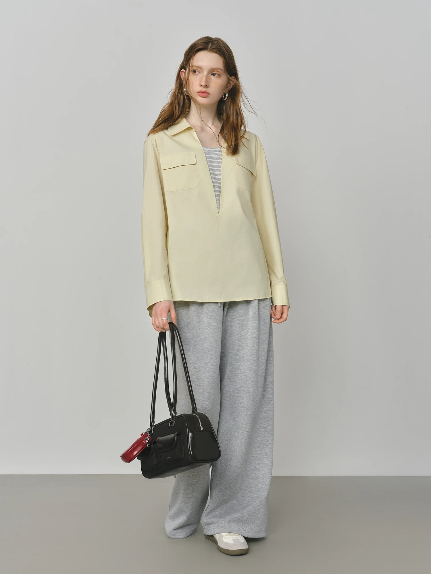 FSLE 2025 Women's Color Block False Two-Piece Shirt - Pullover Office Casual Blouse Autumn Loose Fit Top with Layered Design