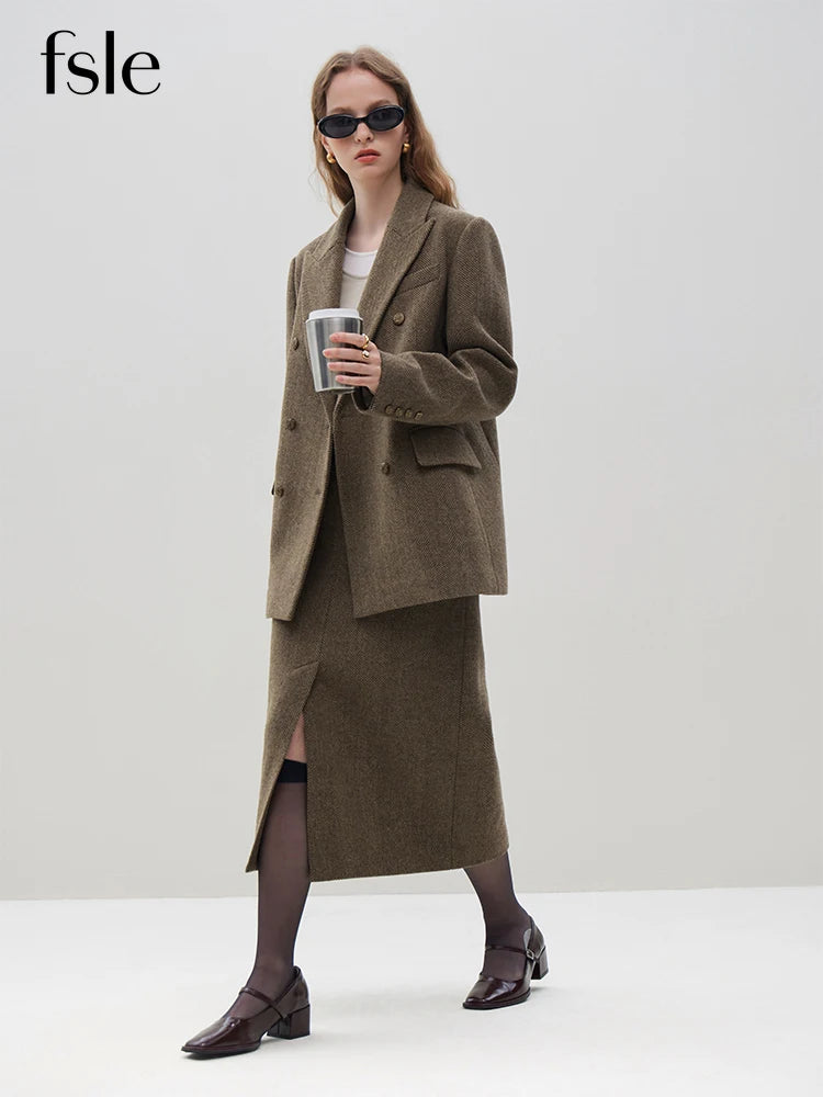 FSLE 100% Wool Brown Temperament Blazer Skirt Set Notched Collar Double Brested Wool Jackets Front Spilt Women Long Wool Skirt