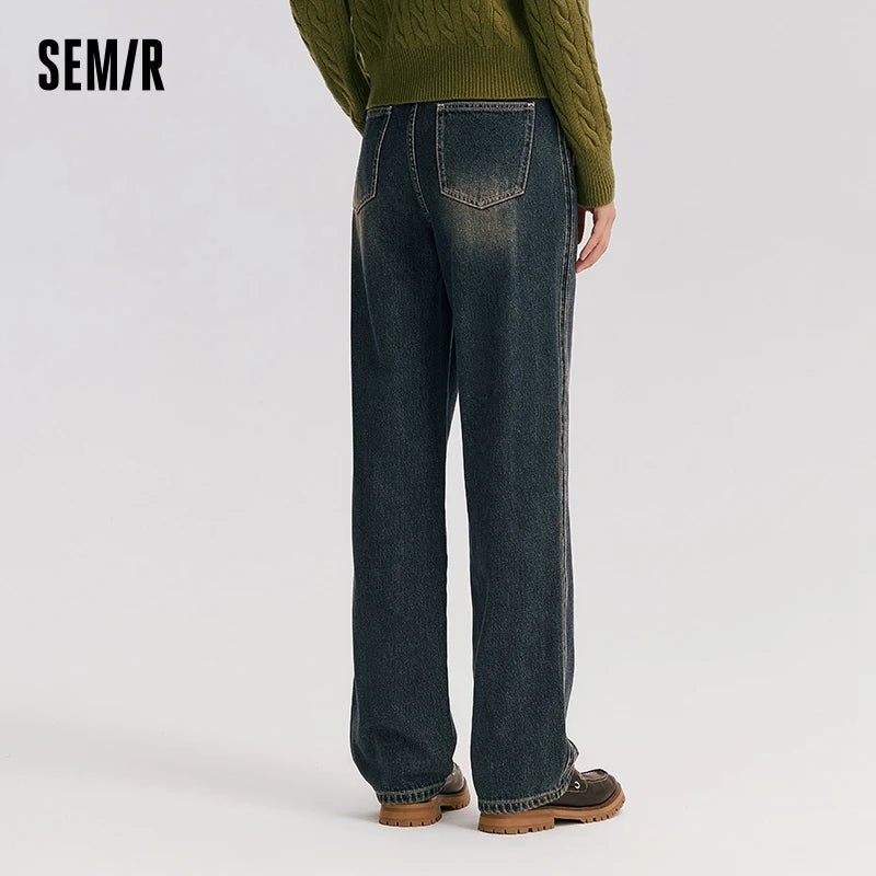Semir Jeans Women Frayed Wide-Leg Pants Leg-Straightening 2024 Winter New Flare Pants Hong Kong Style Denim Trousers