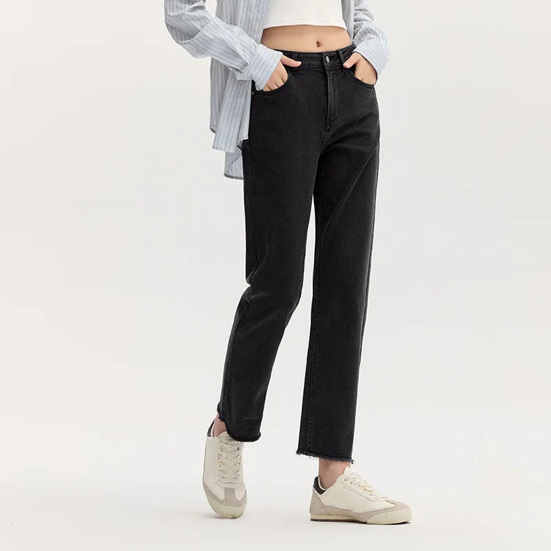Semir Jeans Women Height-Enhancing Nine-Point Trousers Petite 2024 New Autumn Frayed Edge Small Straight-Leg Trousers