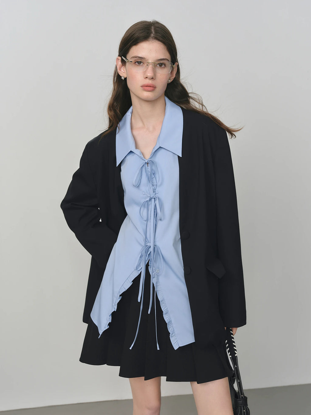 FSLE Elegant Collarless V-Neck Oversized Blazer with Sash for 2025 Autumn New Arrival Blazer Suits Coat