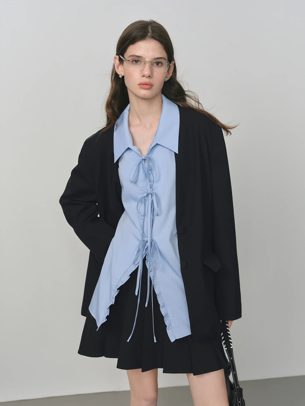 FSLE Elegant Collarless V-Neck Oversized Blazer with Sash for 2025 Autumn New Arrival Blazer Suits Coat