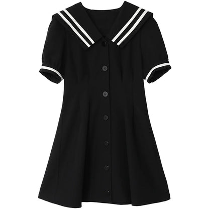 CHIC VEN Korean Women's Dresses Black Short Sleeve Navy Collar Dress for Women Office Lady Female Party College Summer 2022