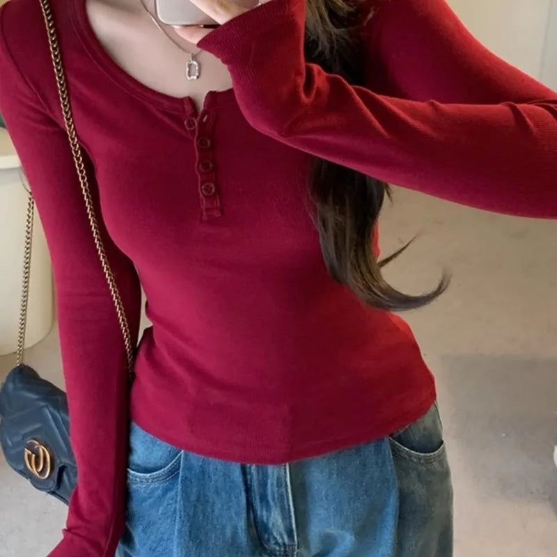 Burgundy T-shirts Women French Style Elegant Office Lady Casual Daily Temperament All-match Slim Unique Autumn Long Sleeve Tops