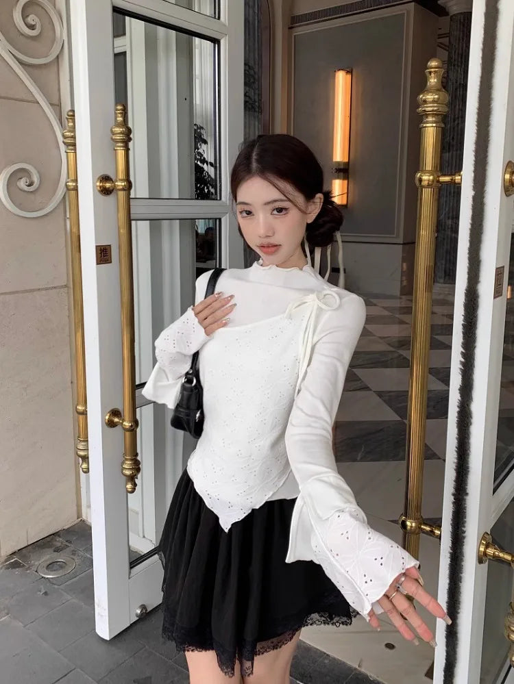 Korobov Fake Two Pieces Long-sleeved T-shirt Women Base Tops Design Early Spring New Y2k Tees Korean Fashion Ropa De Mujer