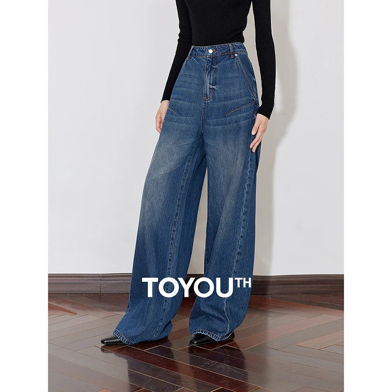 TOYOUTH Women Denim Jeans 2024 Autumn and Winter New Mid Waist Washed Straight Wide Leg Pants