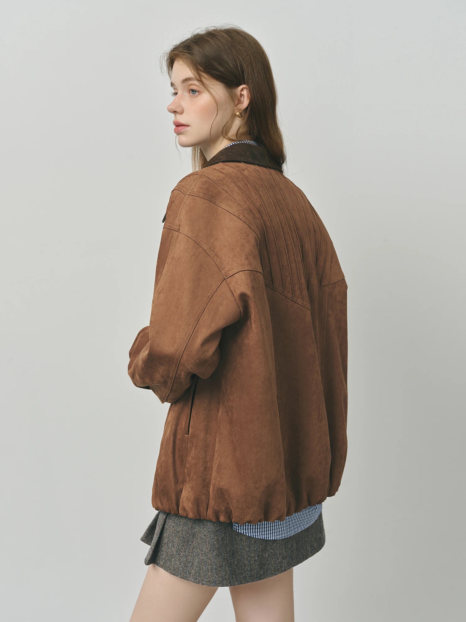 FSLE Retro Style Maillard Suede Long Sleeves Jacket for Women 2025 Autumn New Arrival Contrast Color Lapel Chic Coat