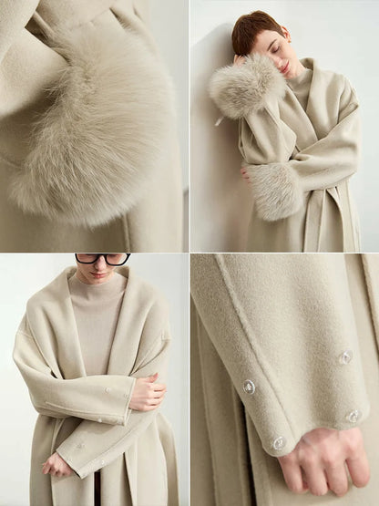 Amii Winter Clothes Women 2024 Long Coat Women's Wool 100% Removable Fox Fur Cuffs Loose Soild Office Lady Jacket 12424015