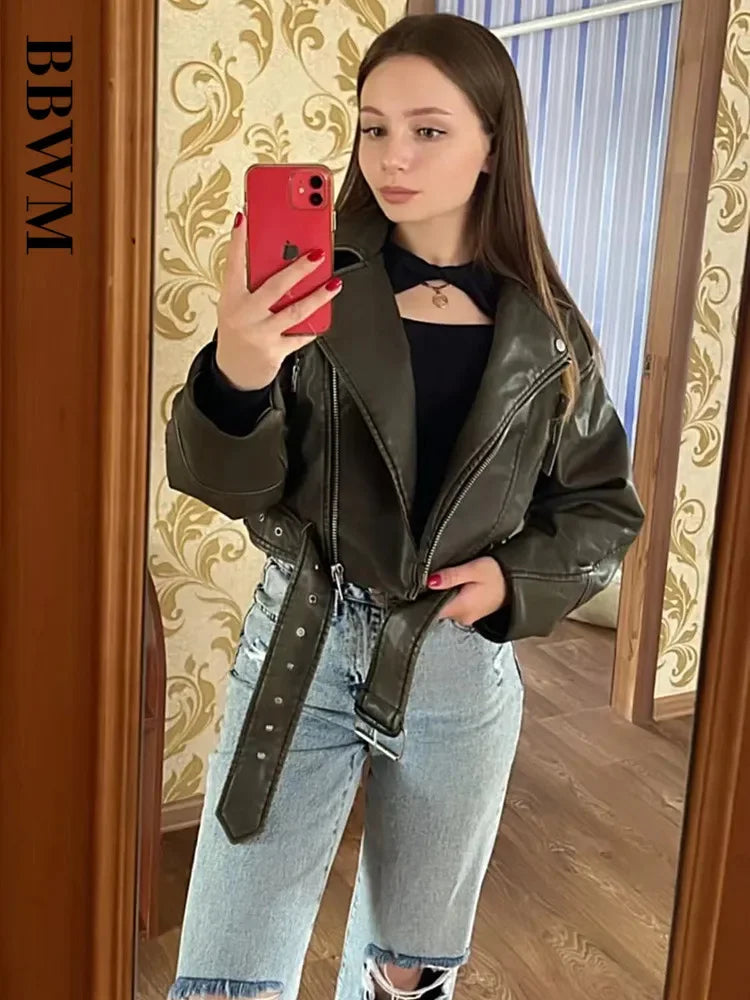 Oversized Vintage Loose Pu Faux Leather Short Jacket with Belt Streetwear Female Zipper Retro Moto Biker Coat Outwear