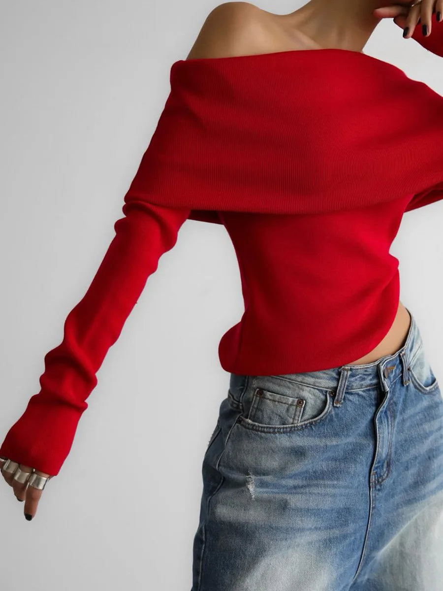 Women Off Shoulder Sweater Spring Autumn Long Sleeve Slim Knitted Top Pullovers Jumper High Stretch 2024 Bottoming Shirts Winter