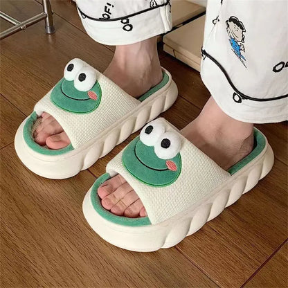 Women Cartoon Frog Slippers Winter Warm Indoor Home Slides Linen Thick Sole Couple Slipper Bedroom Anti Slip Shoes Sandals