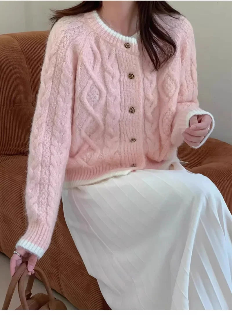 Thicken Winter Clothes Twists Knitting Cardigan Lovely Pink Short Jacket Loose Korean Sweet Women Sweater Coat Y2K College Tops
