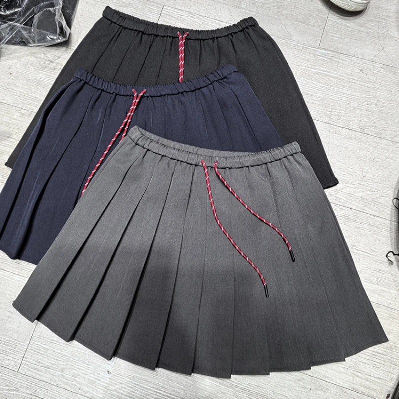 Kpop Drawstring Suit Pleated Skirt for Women Autumn Casual High Waisted Mini Skirt Women Preppy Style Slim Fit A-line Tennis Skirt