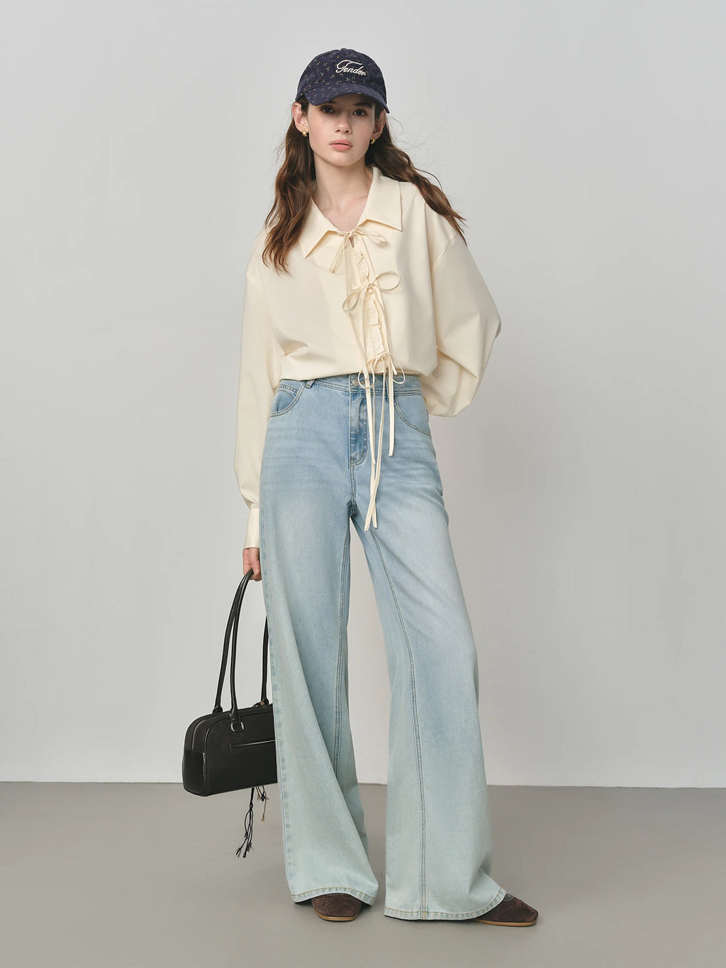 FSLE Autumn 2025 Women's French Inspired Blouse - Ruffle Trim Tie Front Loose Fit Shirt Collar Top Soft Blend Daily Wear