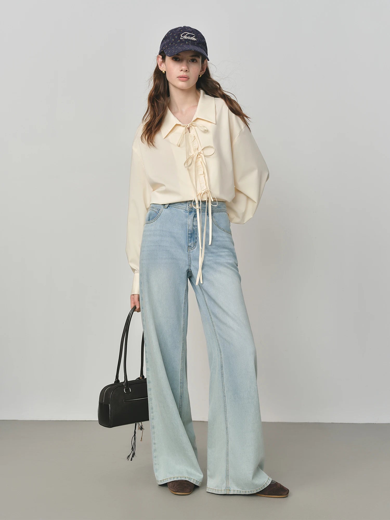 FSLE Autumn 2025 Women's French Inspired Blouse - Ruffle Trim Tie Front Loose Fit Shirt Collar Top Soft Blend Daily Wear