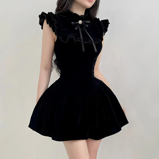 Elegant Velvet Black Mini Dresses Sleeveless A-line Korean Fashion Birthday Party Coquette Sexy Ballroom Dress Women