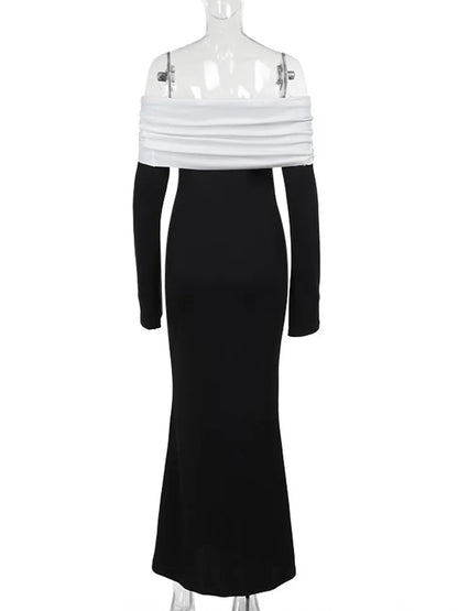 Mozision Off-shoulder Long Sleeve Sexy Maxi Dress For Women Autumn Winter New Patchwork Backless High Waist Sexy Club Long Dress
