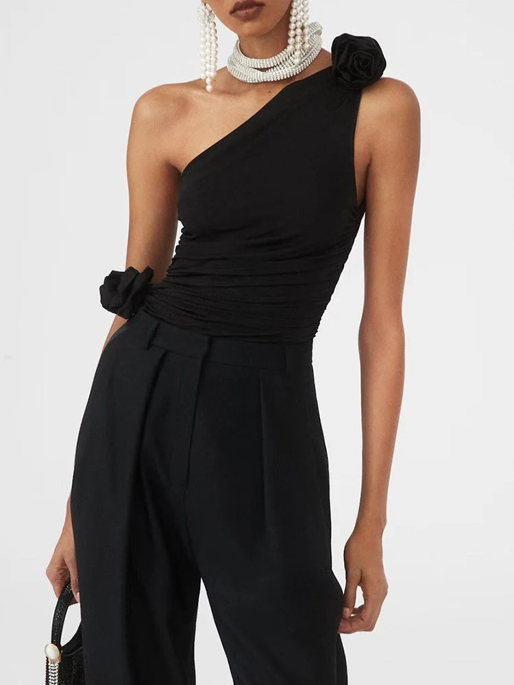 VGH Asymmetrical Slim T Shirt For Women Diagonal Collar Sleeveless Solid Patchwork Top For Women Clothing 2023 Summer Style
