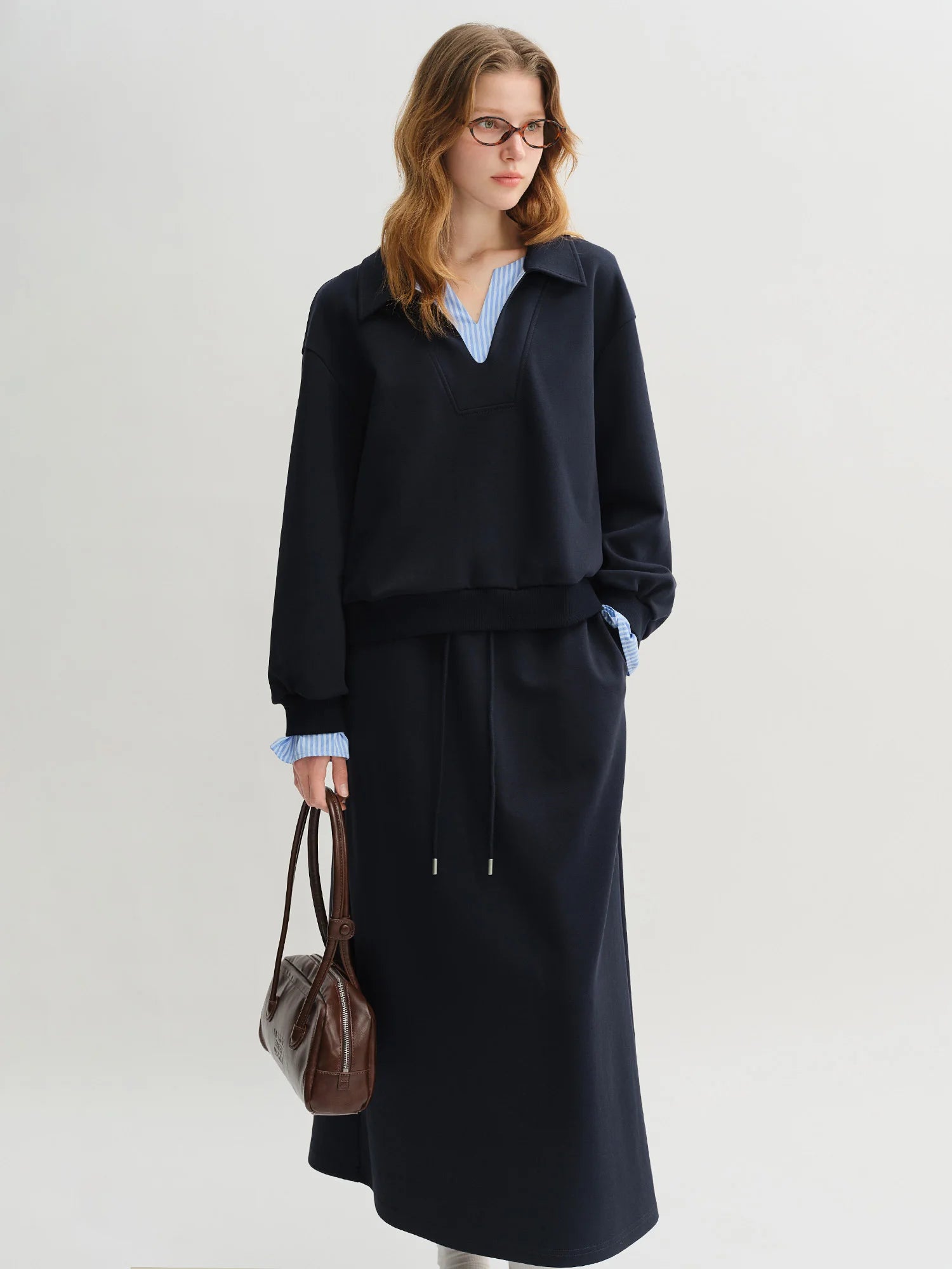 DUSHU Plus Size Navy Blue Long Sleeve Top Skirt Fashion Set 2025 Autumn New Arrival Splicing Sweater Skirt
