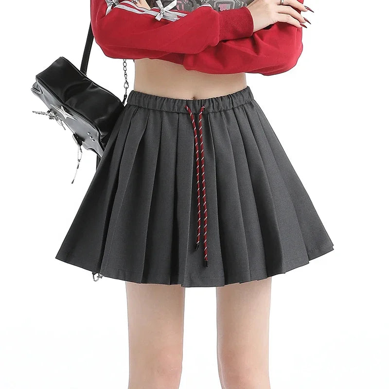 Kpop Drawstring Suit Pleated Skirt for Women Autumn Casual High Waisted Mini Skirt Women Preppy Style Slim Fit A-line Tennis Skirt