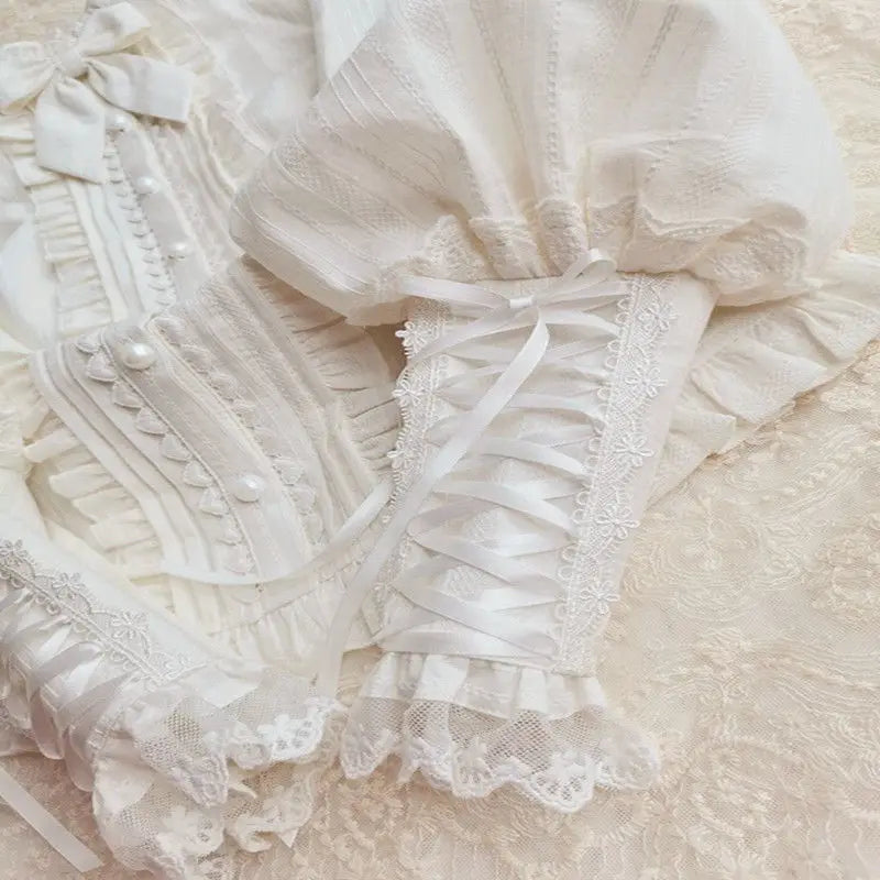 QWEEK Lace White Shirt Women Lolita Style Gigot Sleeve Beautiful Blouses Japanese Long Sleeve Ruffle Pleated Tops Kawaii Clothes