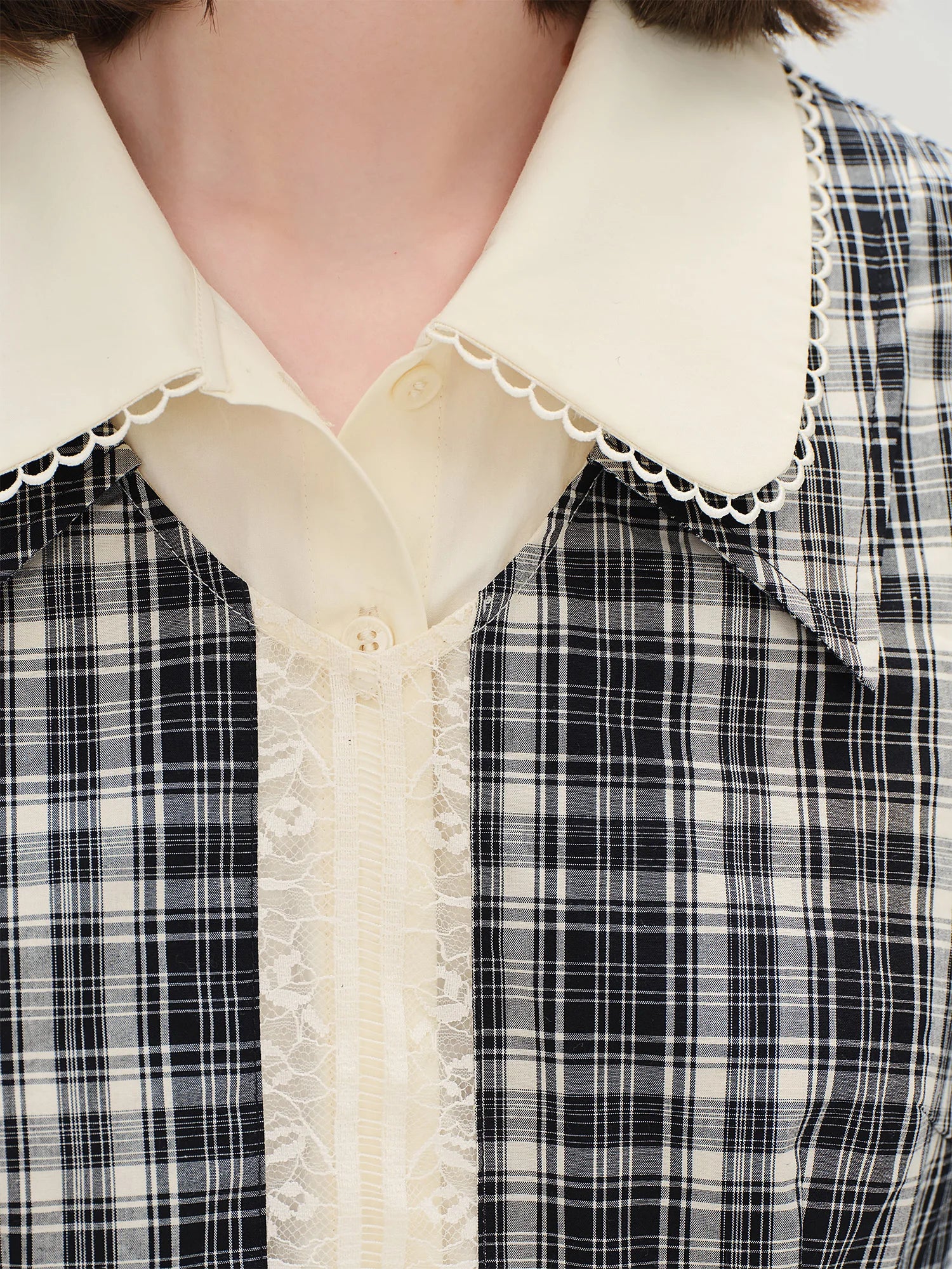 DUSHU Lace Peter Pan Collar Plaid Dress Women 2025 Autumn New Style Long Sleeve Knee Length Vintage Girlish British Style