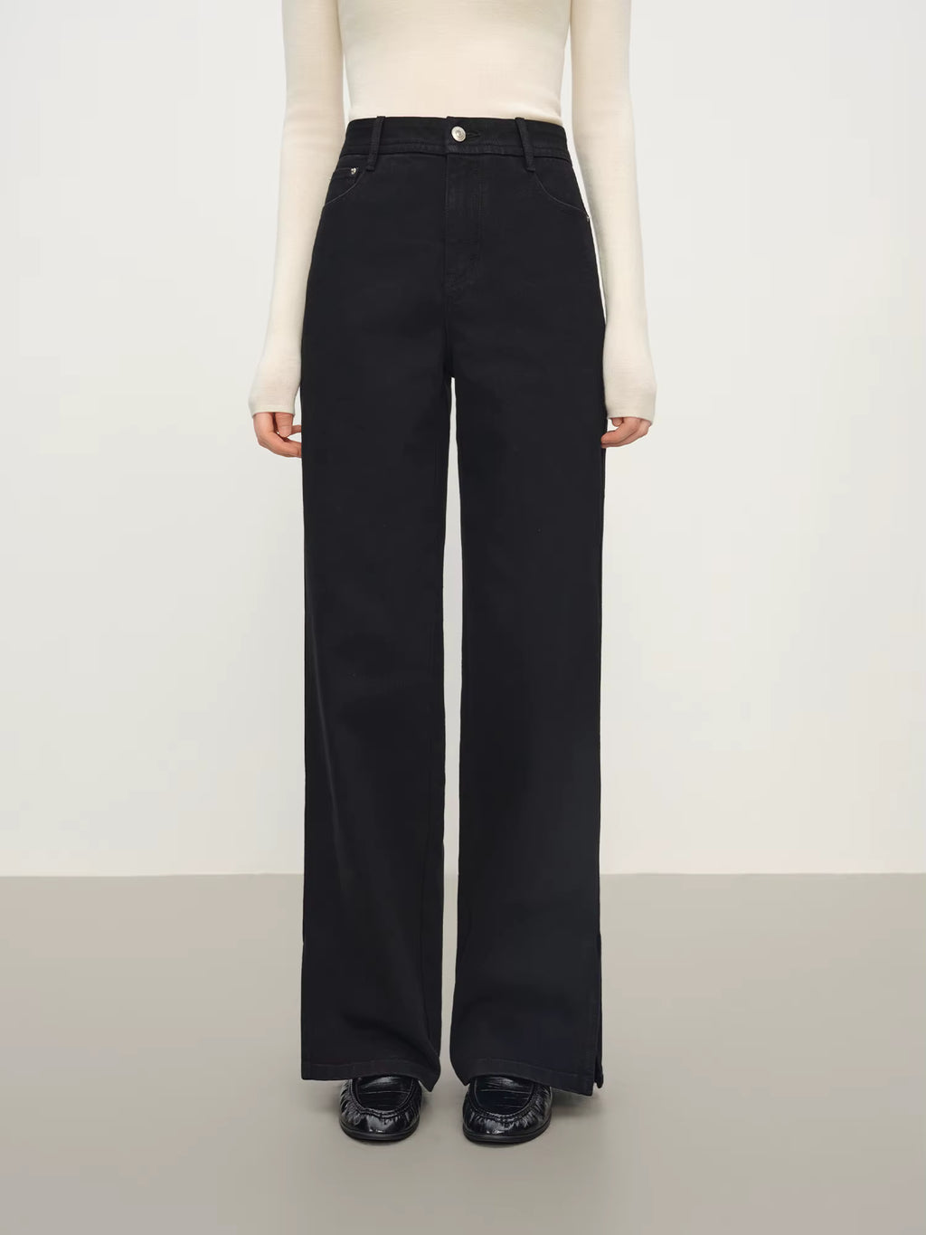High-Waisted Black Wide-Leg Jeans with Slit Detail, Women's Fashion Casual Stretch Denim Trousers