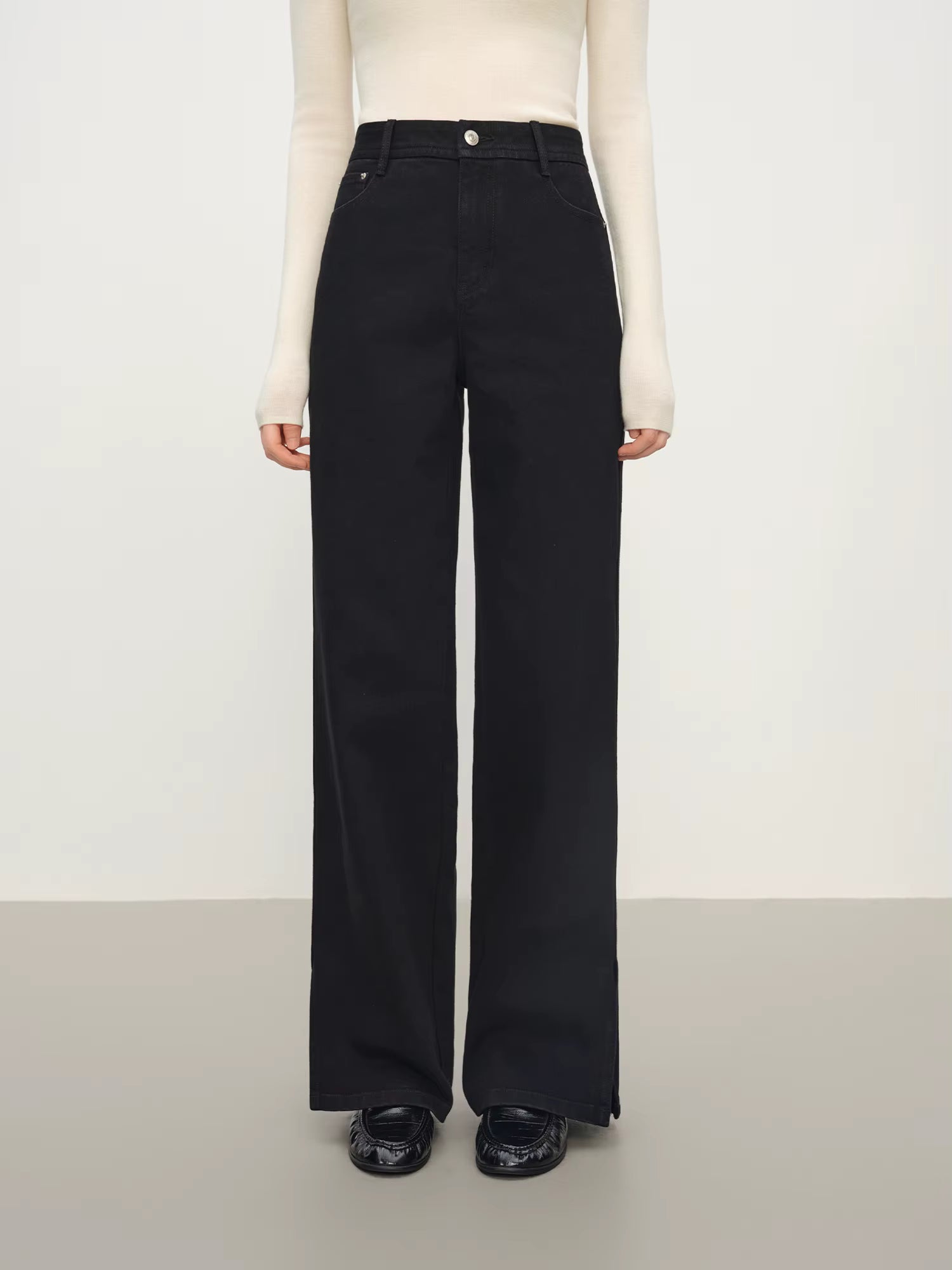 High-Waisted Black Wide-Leg Jeans with Slit Detail, Women's Fashion Casual Stretch Denim Trousers