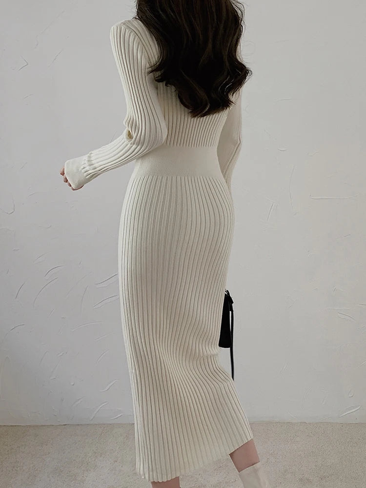 Autumn Winter Sweater Dress For Women 2024 New Arrivals Buttons Up V Neck High Waist Long Knitted Dress Korean Maxi Dresses