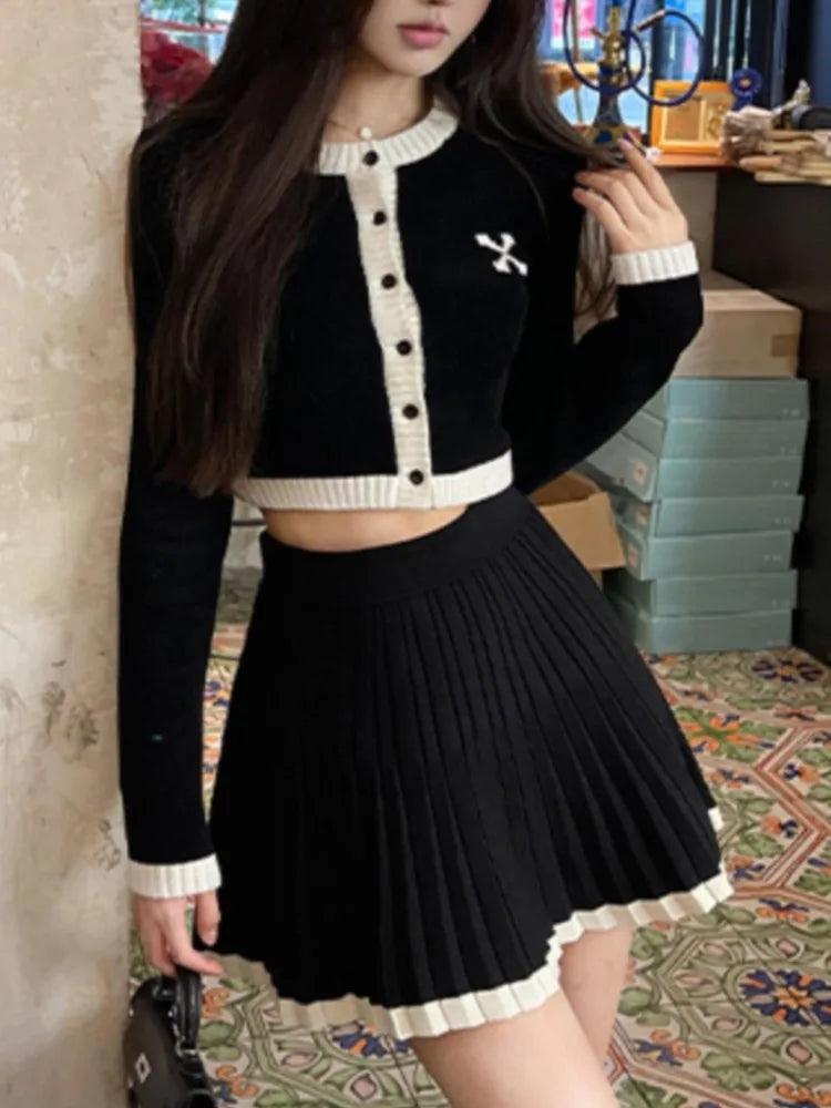 Y2k Hight Waist Skirt 2 Piece Suit Korean Chic Patchwork Knitted Outfits Autumn Short Jumper Pleats Mini Skirt Set Women New