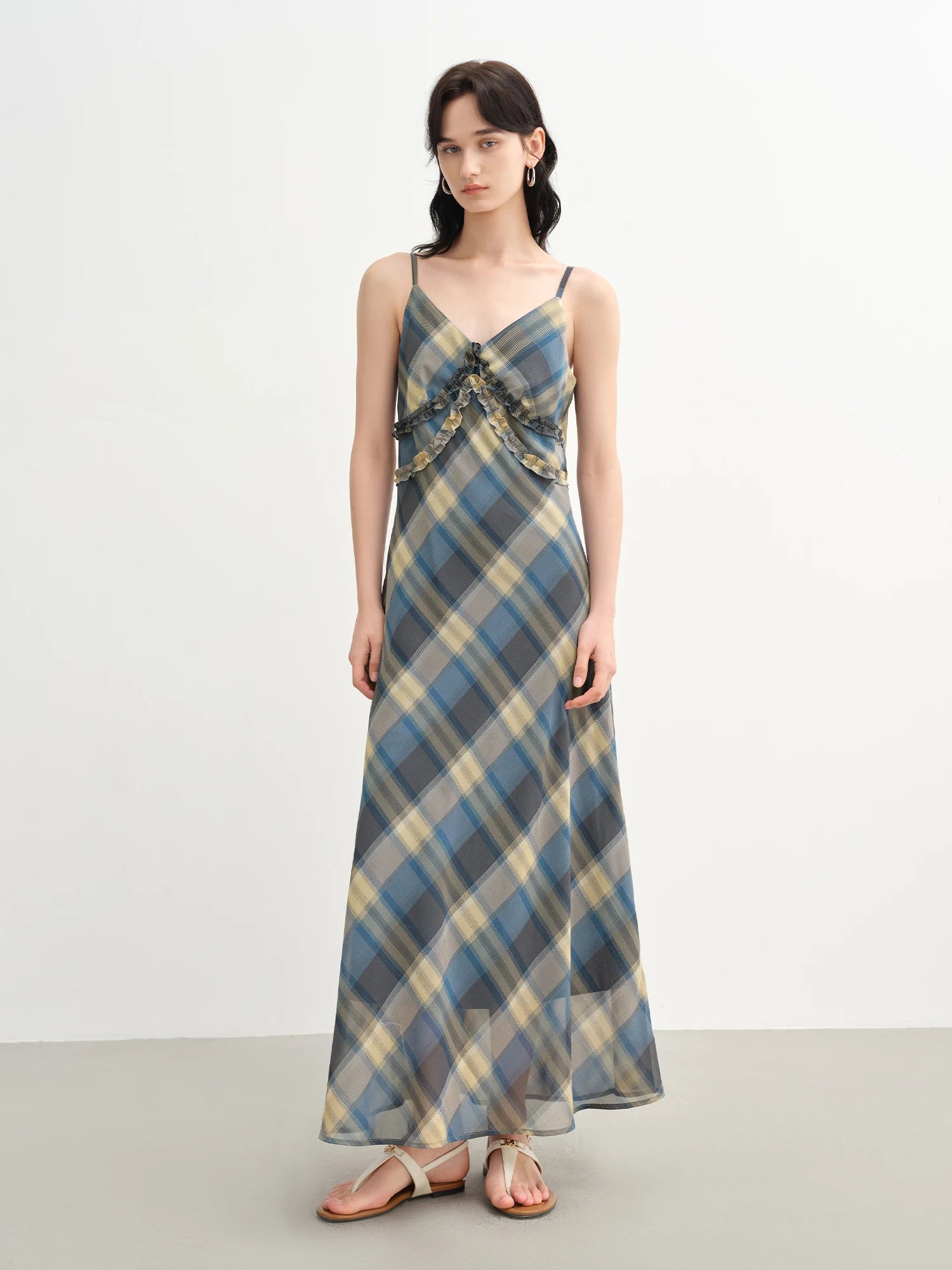 DUSHU 2025 Summer Women's Floral Checkered Maxi Dress - Curve-Flattering Ruffle Trim & A-Line Silhouette for Elegant Occasions