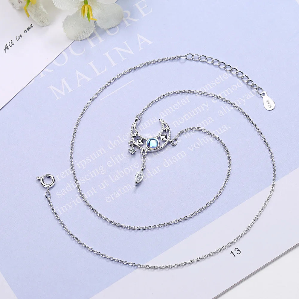 Female Moon Crystal Necklaces Pendant 925 Sterling Silver Aesthetic Fashion Chain Vintage Luxury Quality Jewelry for women