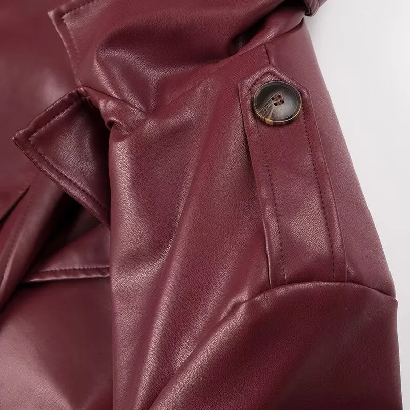 KEYANKETIAN 2024 New Launch Women's Burgundy Faux Leather Coat Retro Fashion With Belt Pockets Loose Extended Overcoat Outerwear