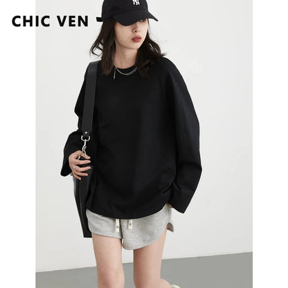 CHIC VEN Women T-shirt Solid New Simple Loose Round Neck Cotton Raglan Long Sleeve Pullover Female Top Spring Autumn 2024