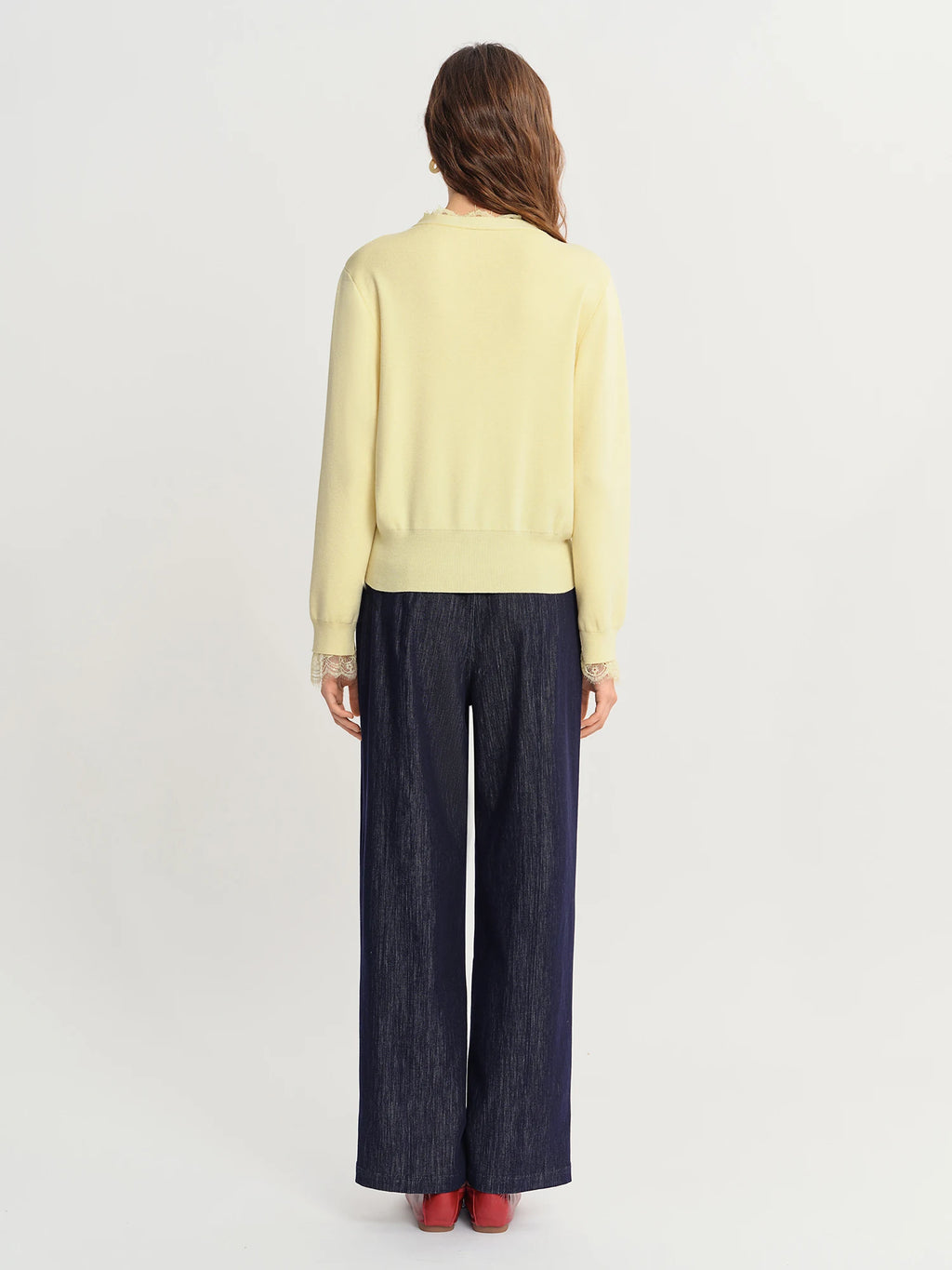 DUSHU Plus Size Lace Trimmed Knit Cardigan Women 2025 Autumn New Arrival V-Neck Yellow Top Elegant Blouse Fashion Outerwear