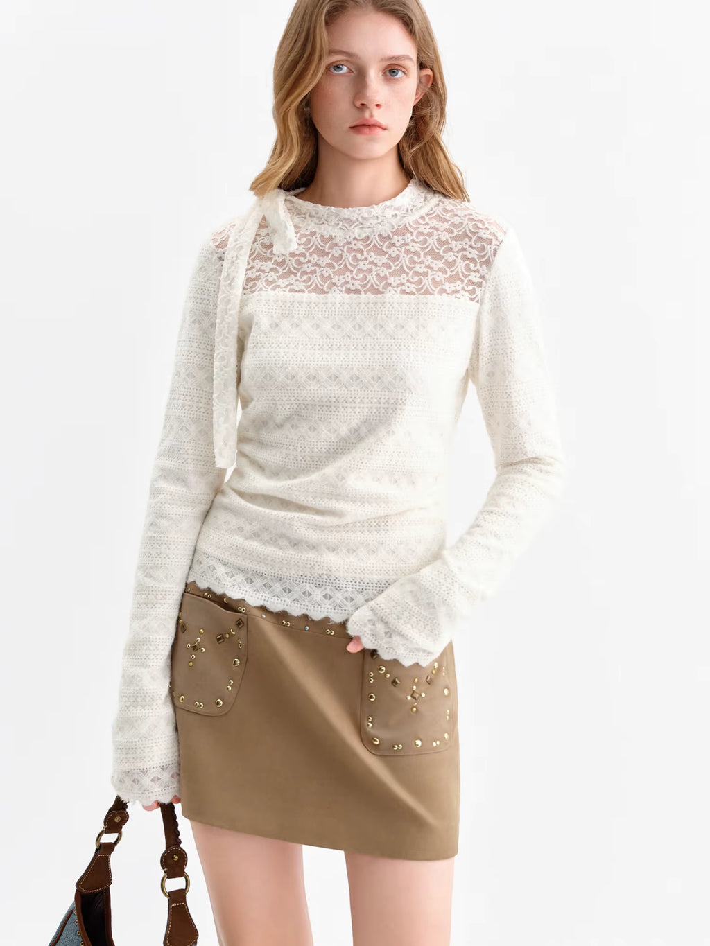 Autumn Women's White Lace Crochet Knit Top Blouse Elegant Tied Front Y2K Retro Soft Pullover Sweet Off-Shoulder Shirt