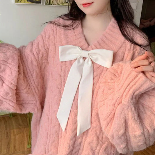 Pink Kawaii Oversize Knitwear Sweaters Women Sweet Cute Big Bow Pullovers Autumn Winter Keep Warm Lantern Sleeve V-Neck Sweater