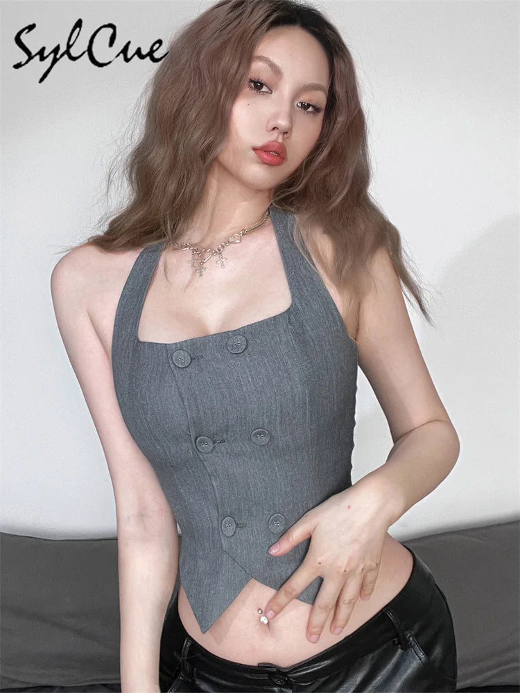 Kpop Sylcue Grey Vintage All-match Confident Mature Sexy Charming Young Girl Summer New Street Cool Women's Button Neck Vest