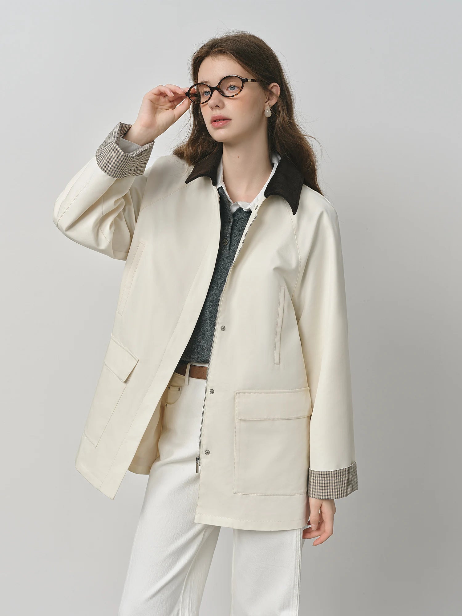 FSLE 2025 Women's Color Block Corduroy Jacket - Relaxed Fit Utility Style Autumn Casual Coat Contrast Stitching