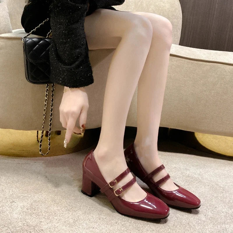 2024 Spring Autumn Women Double Buckle Mary Janes Shoes Patent Leather Dress Square Head Square Heel Solid Color Women's Shoes
