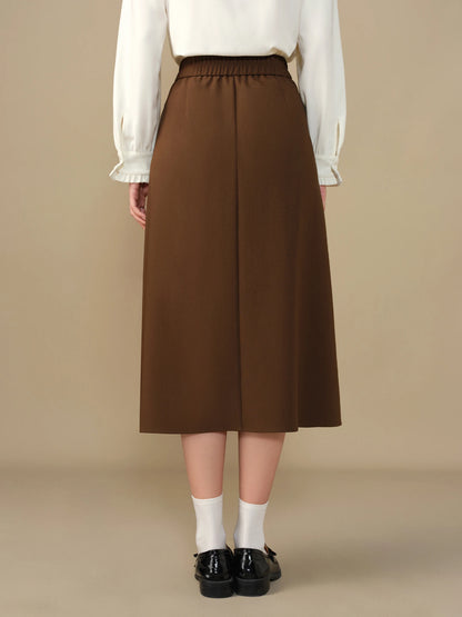 DUSHU Women Long A-LINE Skirts Side Zipper Waist Winter Black Pleated Design Female Skirt Office Lady Brown Bottoms 24DS84313