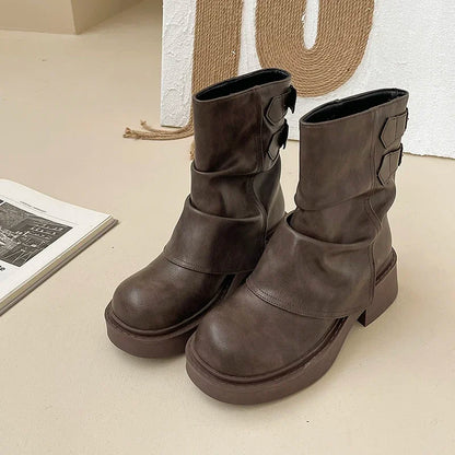 Platform Women Western Cowgirl Boots Fashion Slip On Short Boots Autumn Winter Thick Heel Women's Shoes