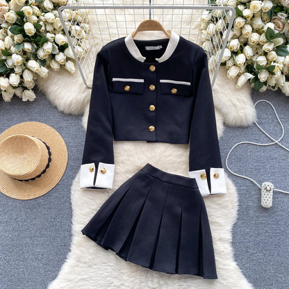 KUSAHIKI 2024 Spring Women's Color Block Short Cardigan Coat + High Waisted Pleated Half Skirt Two Piece Set