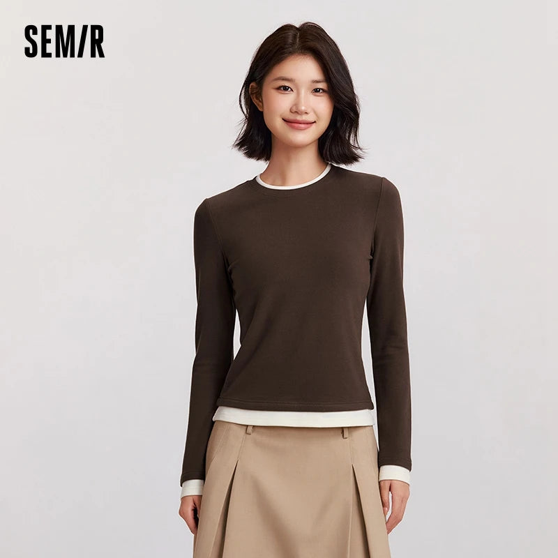 Semir Long Sleeve T-Shirt WomenTight Frayed Round Neck 2024 Winter New Moisture-Wicking Contrast Color Long Sleeve T-Shirt